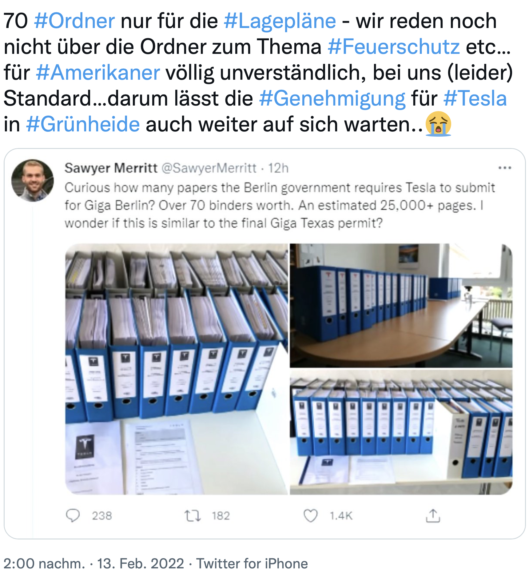International löst die Bürokratie um Tesla in Grünheide eher Kopfschütteln aus - und wird auch in Deutschland diskutiert, hier auf dem persönlichen Twitter-Kanal von KOMMUNAL-Chefredakteur Christian Erhardt