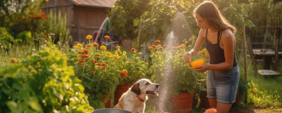 Landleben Frau mit Hund im Garten