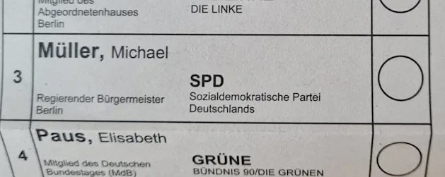 Der Wahlzettel in einigen Berliner Wahlbezirken ist aufgrund der Teil-Wiederholung häufig kurios