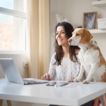 Homeoffice: Frau und Hund vor dem Laptop